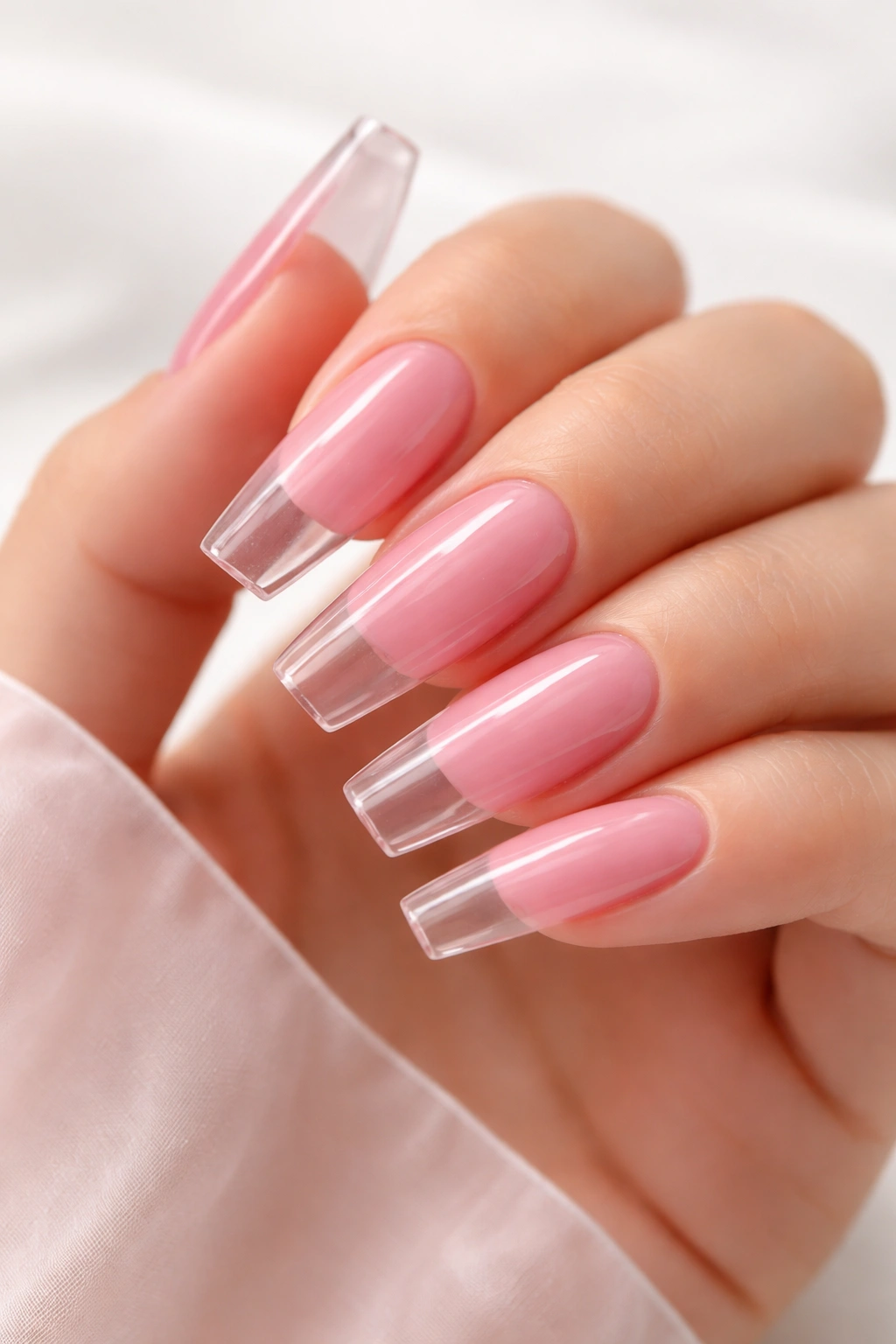 Close-up of clear coffin nails with sheer pink jelly over extension.