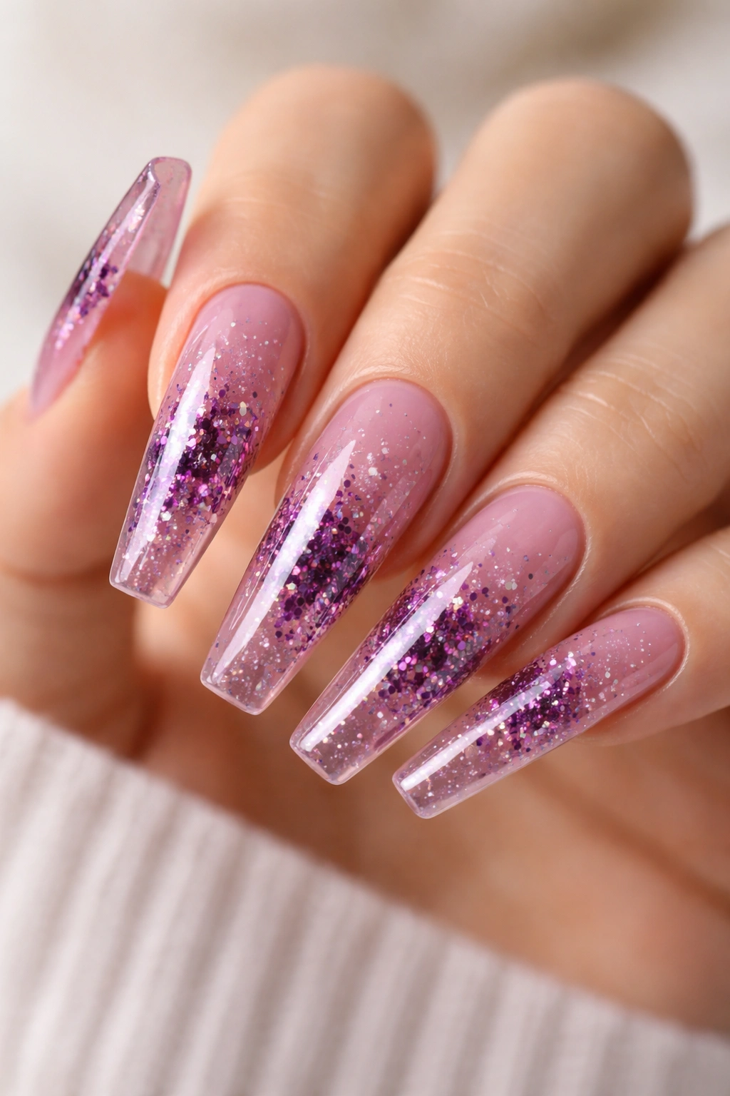 Long pink jelly coffin nails with embedded dark orchid glitter.