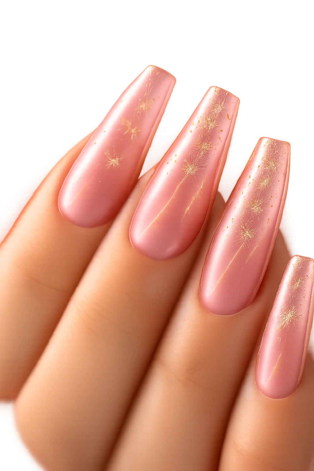 Coffin nails with transparent pink jelly and suspended gold flakes, showing layered depth