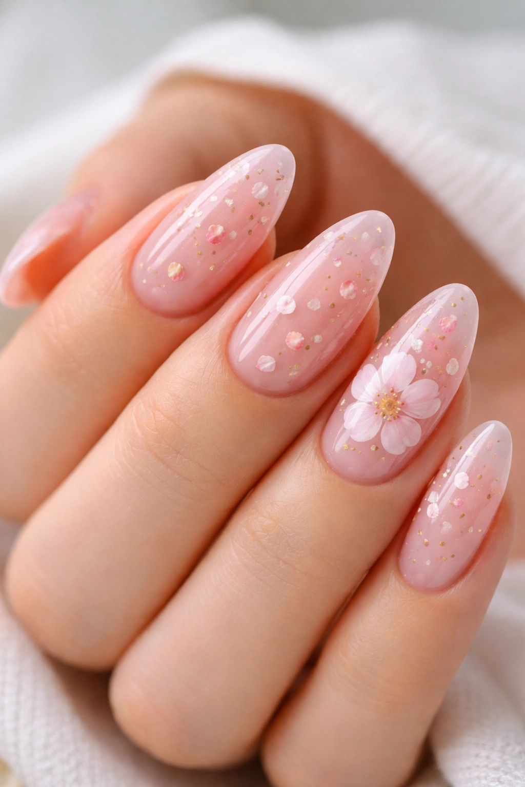Macro of pink jelly nails with scattered petal confetti