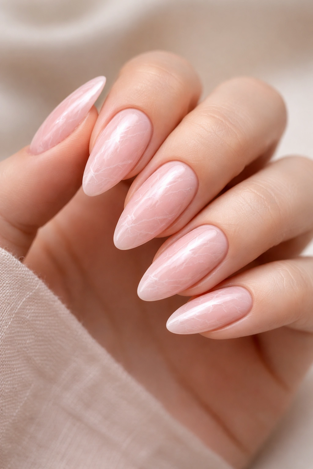 Almond nails with pink marble base and thin white veins