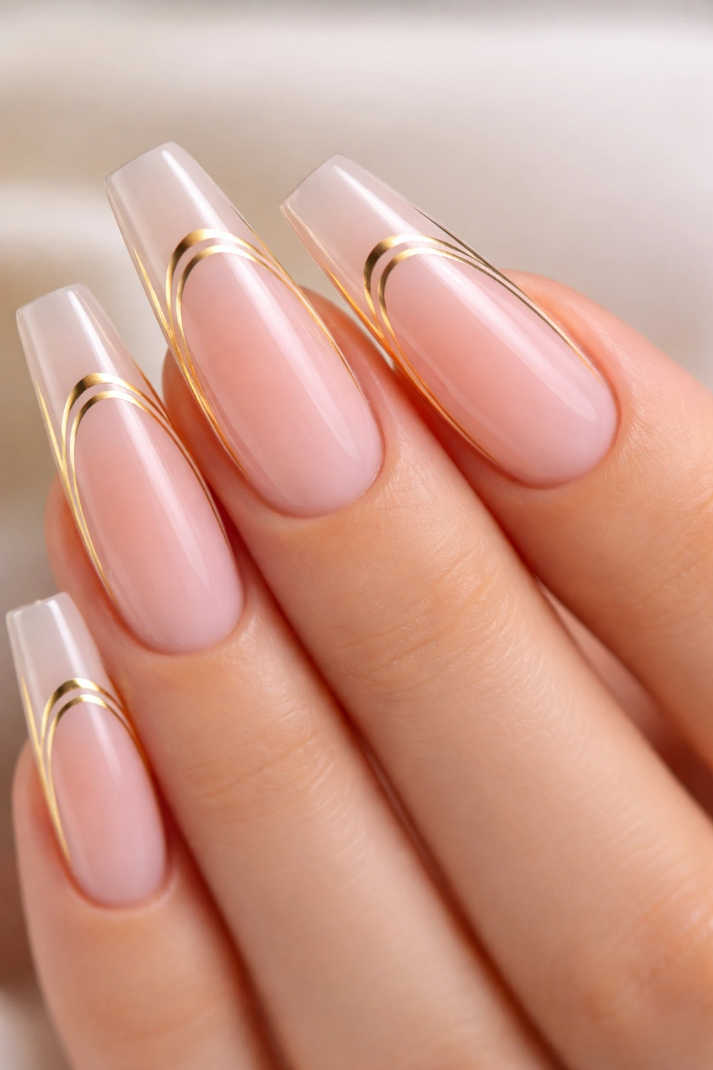 Double-outline French coffin nails with a floating gold gap on sheer pink base