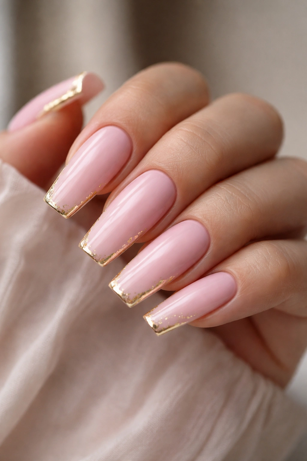 Close-up of coffin nails with gold foil along the edges on a pink base