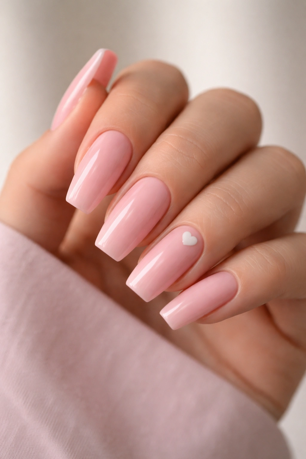 Close-up of glossy baby pink coffin nails with a tiny white heart accent on the ring finger