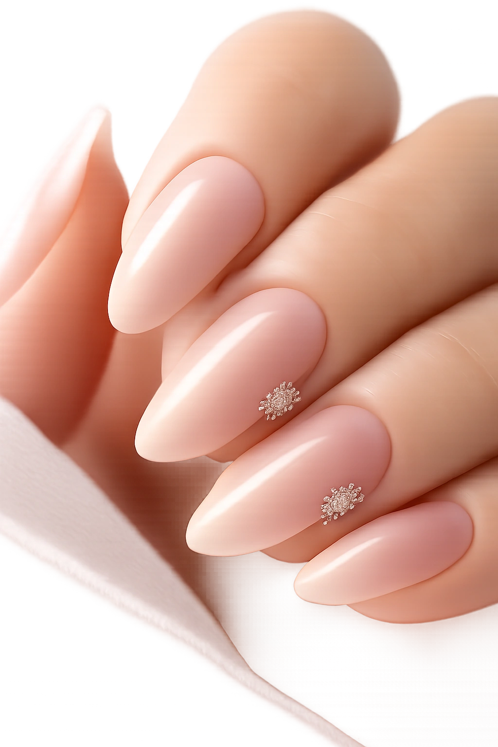 Close-up of almond nails with sheer pink base and small sidewall bow on one nail, showcasing negative space