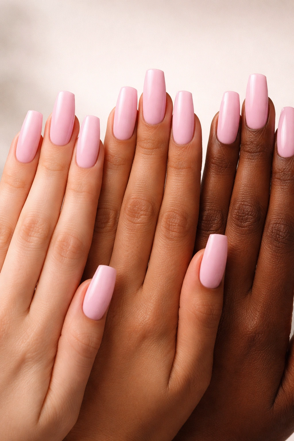 Close-up of three hands with pale pink coffin nails on different skin tones to demonstrate pink shade reading