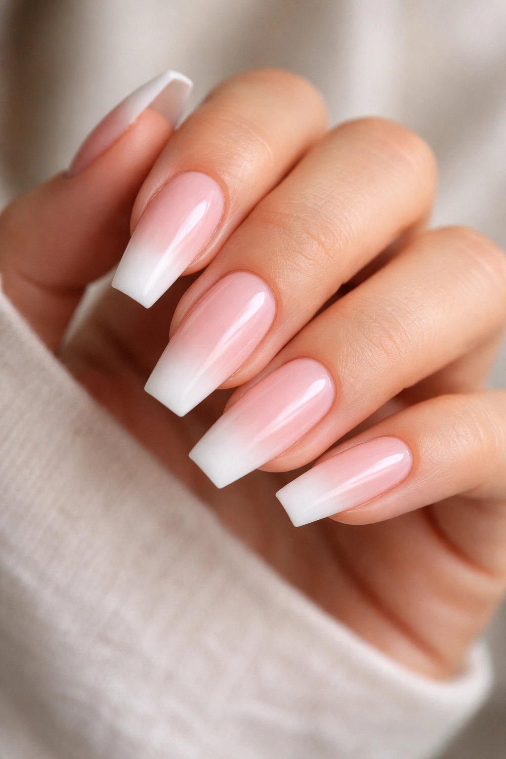 Close-up of pink-to-white ombre coffin nails on a hand with a soft gradient