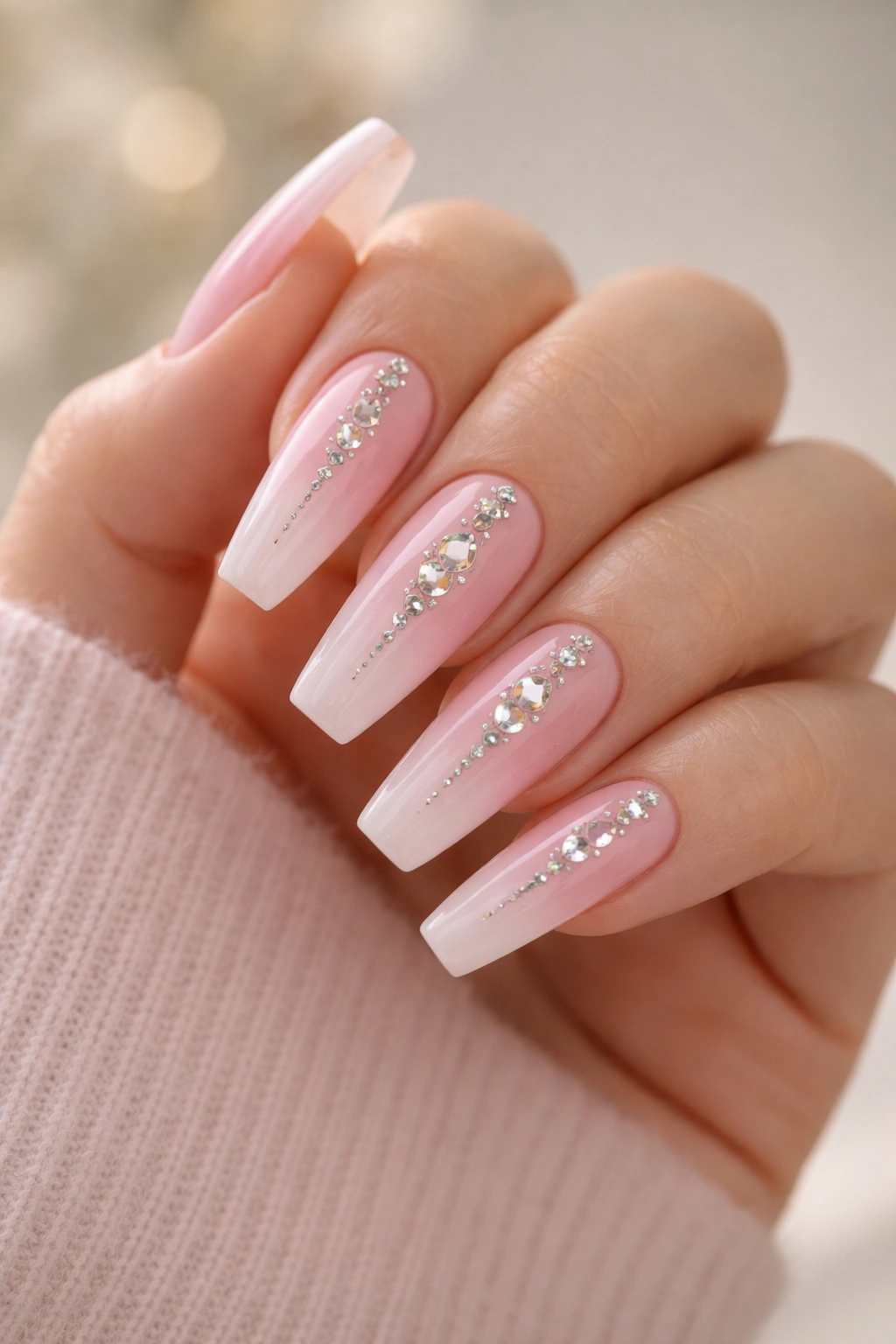 Baby pink ombre coffin nails with a centered crystal stack
