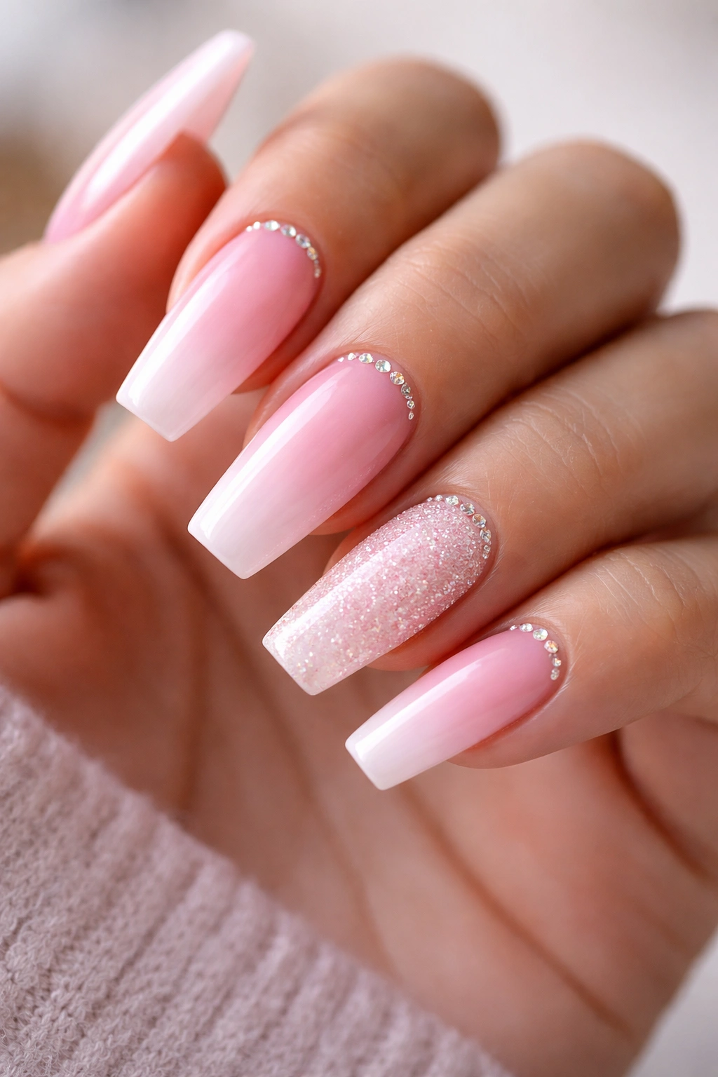 Pink ombre coffin nails with sugar crystal accent on one finger