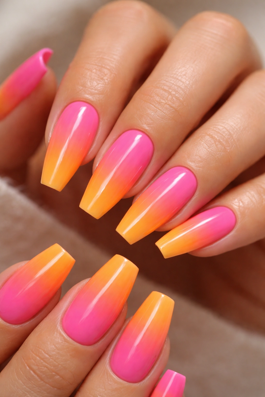 Close-up of pink-to-orange sunset fade on coffin nails