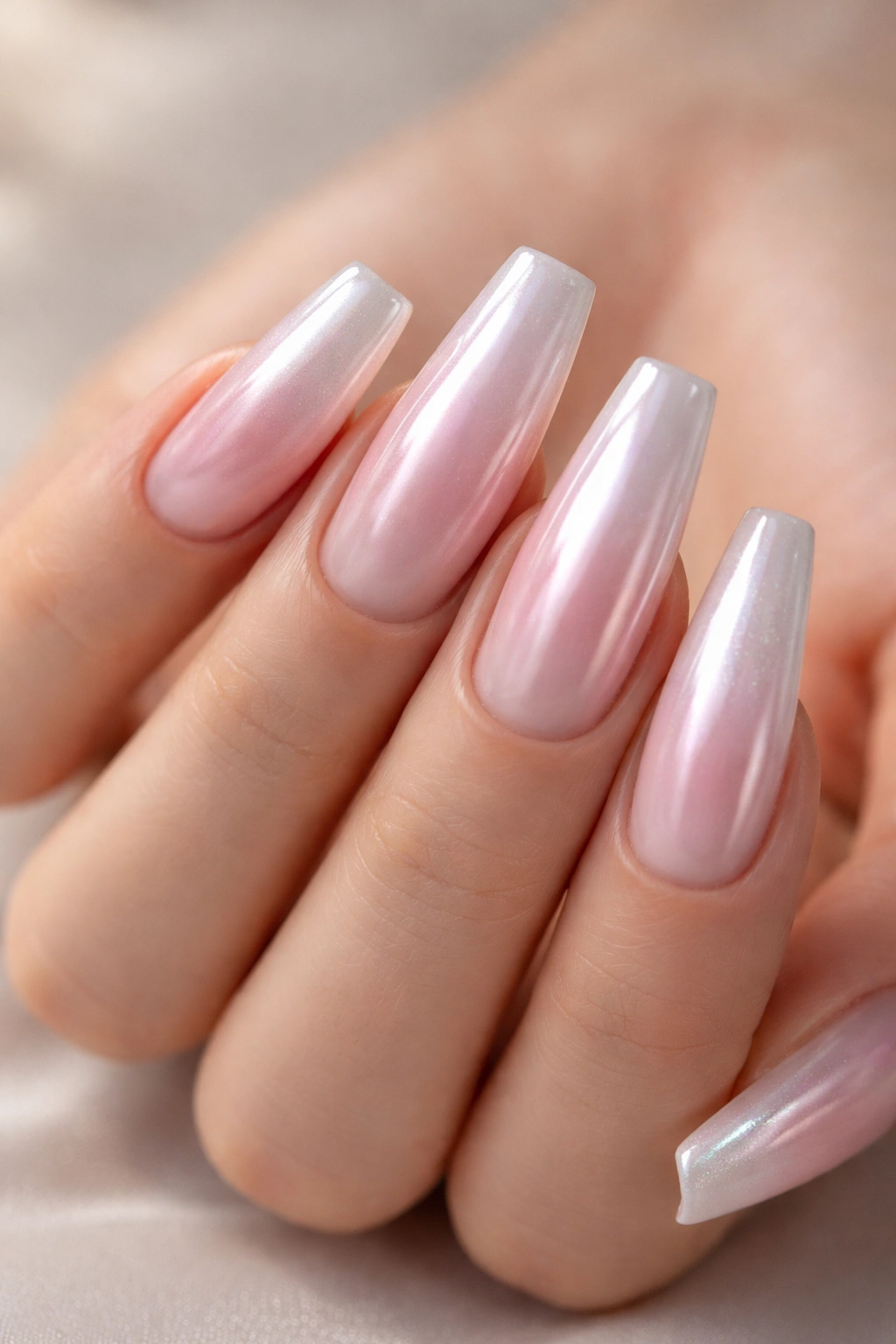 Close-up of Pink Pearl Ombré Chrome coffin nails with sheer pink base and pearlescent chrome finish