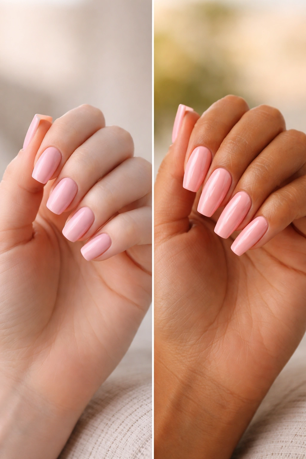 Two hands with coffin nails showing different pink shades and lengths to illustrate shade matching