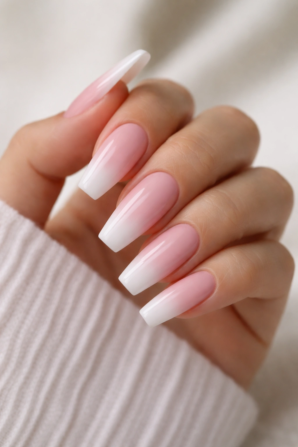 Soft pink-to-white gradient baby boomer coffin nails