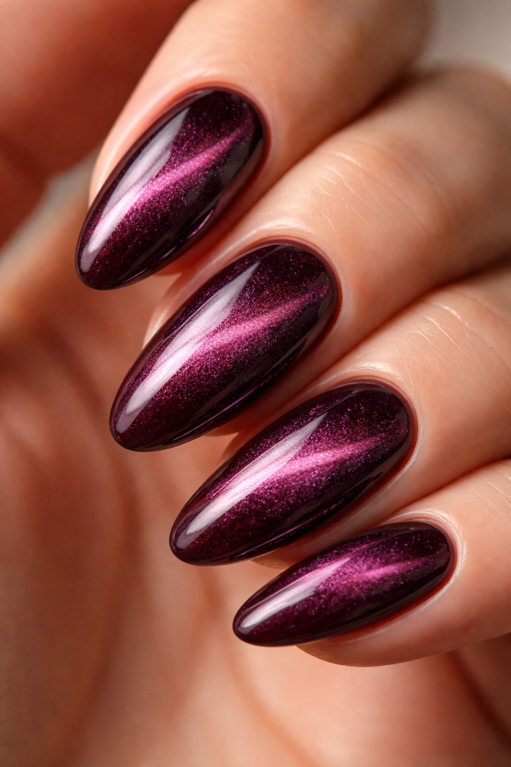 Almond nail in deep plum mulberry cat eye with magnetic line