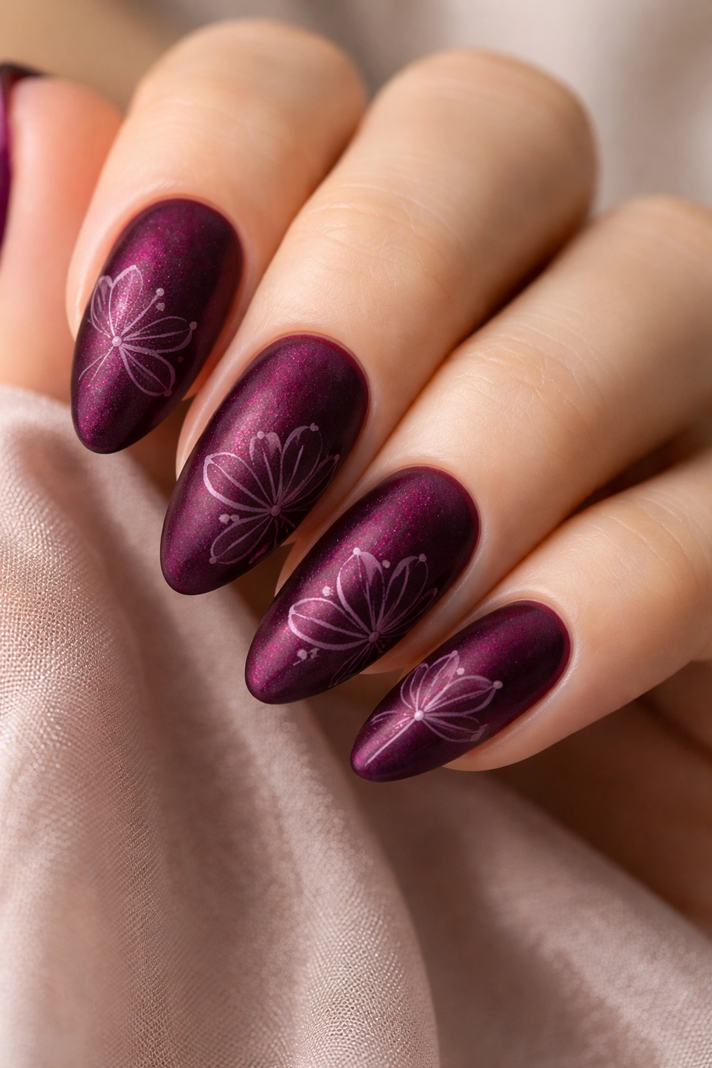 Close-up of plum velvet nails with fine petal linework