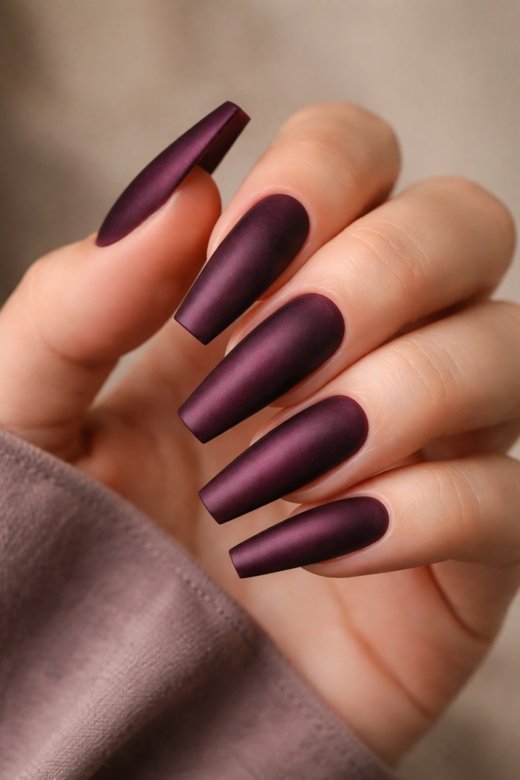 Coffin nails in smoked plum velvet matte finish with depth