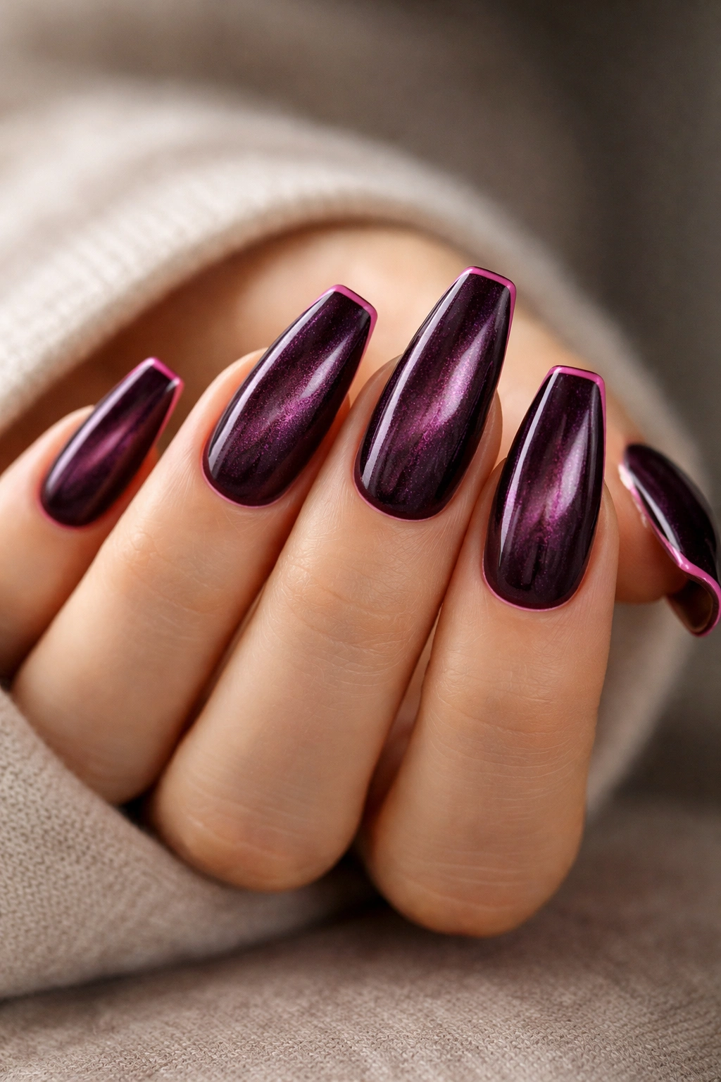 Deep plum velvet coffin nails with pink framed edges.