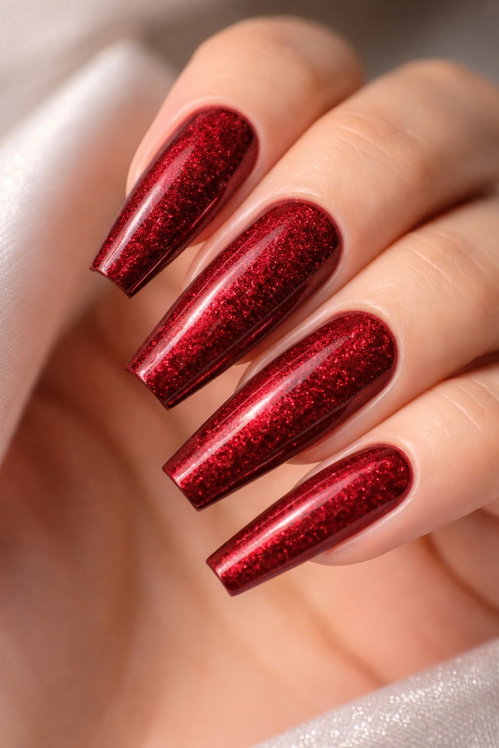 Close-up of pomegranate red coffin nails with fine glitter dust