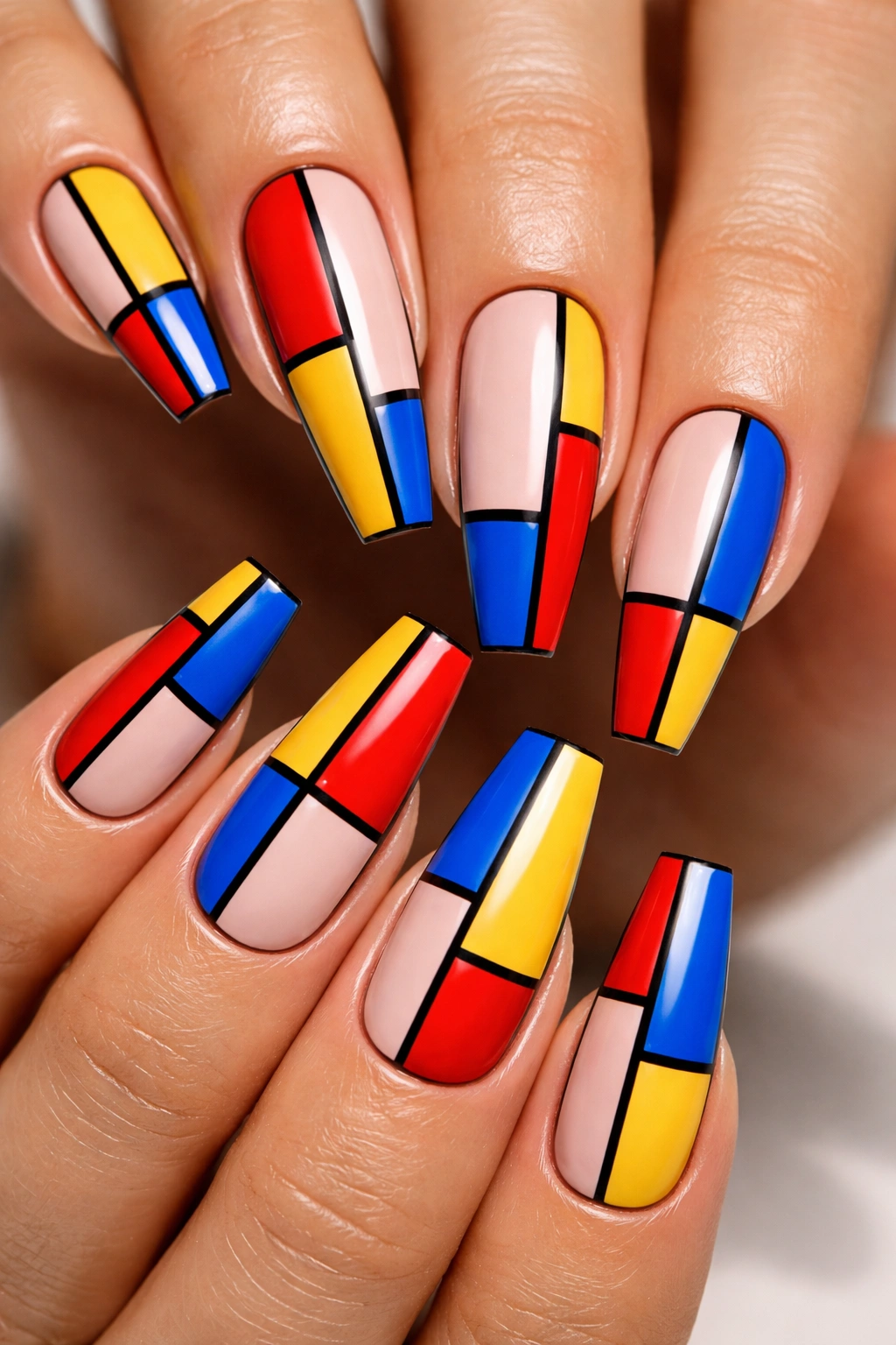 Coffin nails with primary color blocks and black outlines