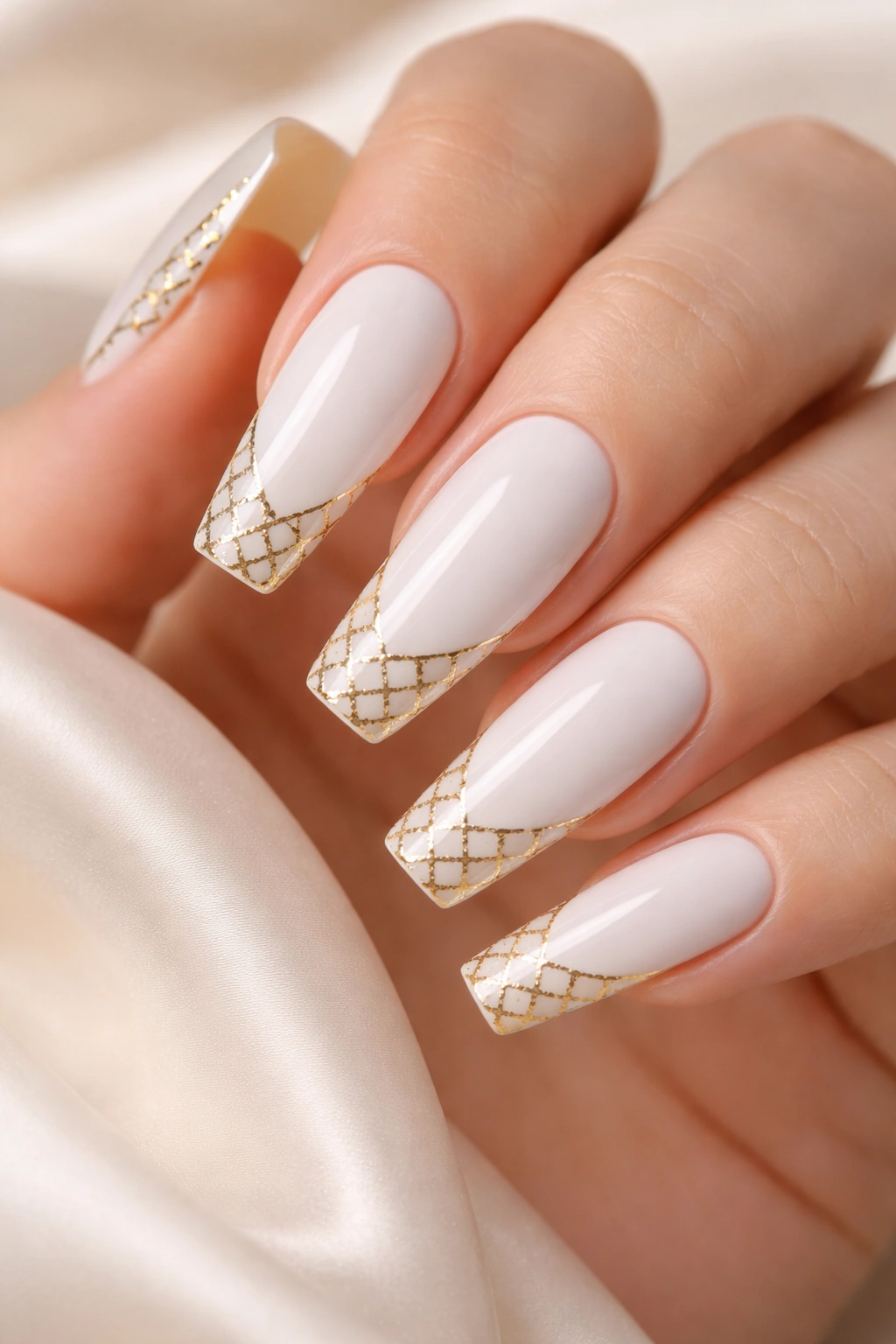 Close-up of coffin nails with porcelain white base and gold lattice tips