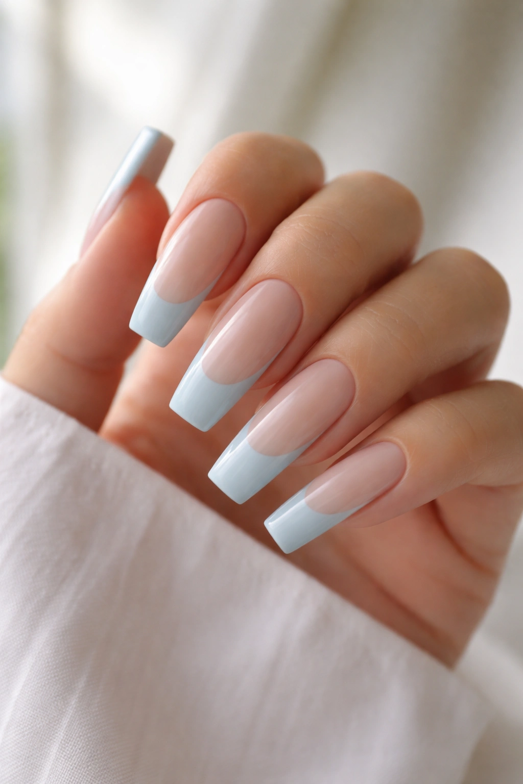 Long coffin nails with thick powder blue tips