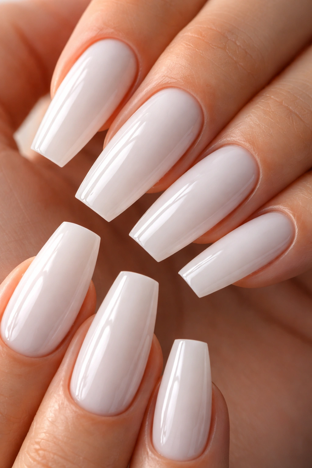 Macro shot of milky white coffin nails with smooth surface and glossy topcoat