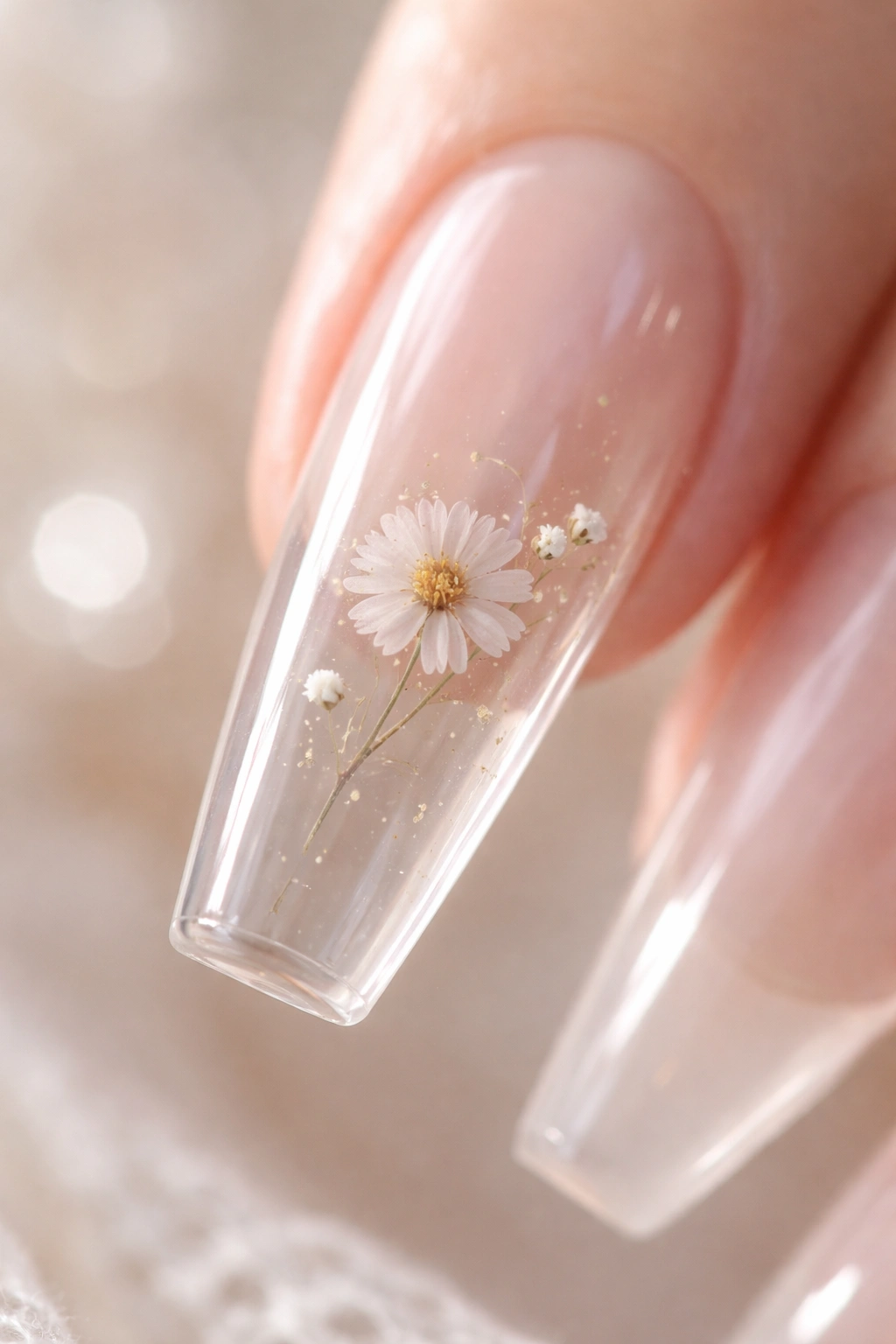 Close-up of a coffin nail with a small pressed flower suspended in clear gel