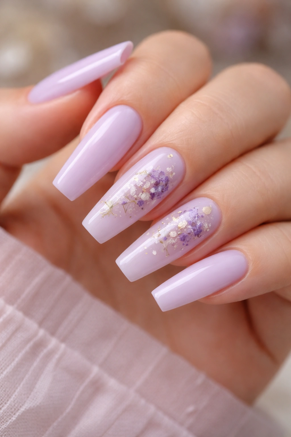 Pressed lavender flower nails on coffin shape with delicate petals
