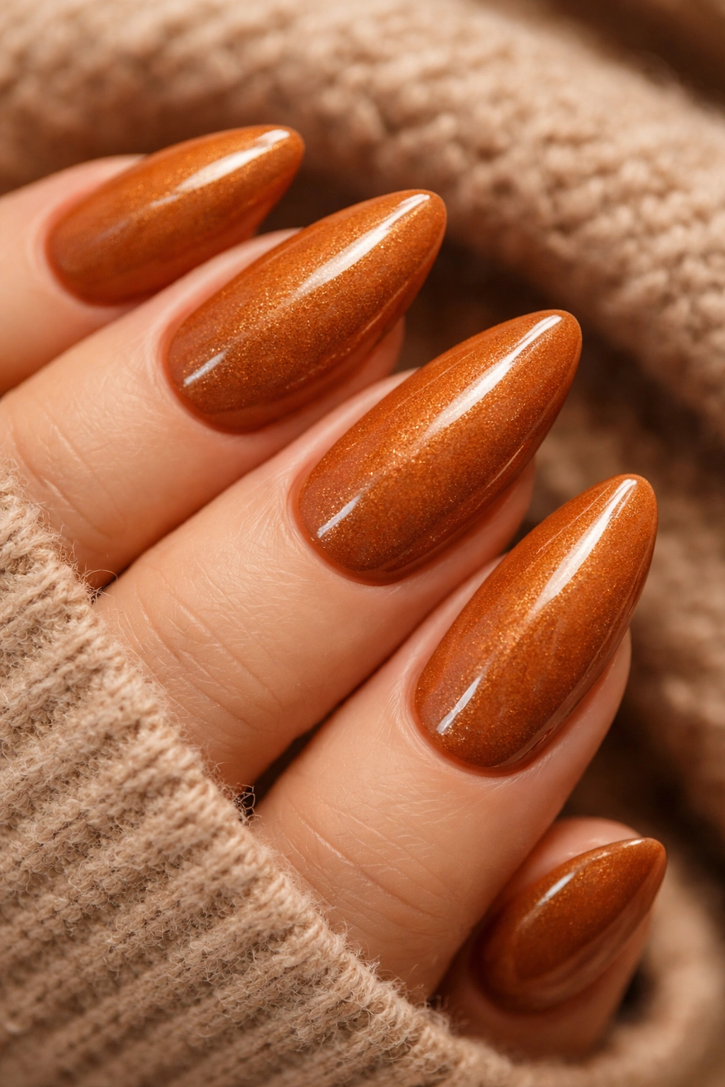 Close-up of pumpkin spice almond nails with warm orange-brown shade