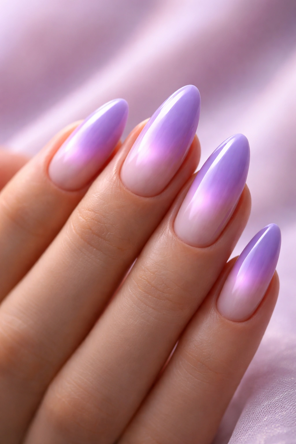 Almond nails with purple aura gradient and soft glow.