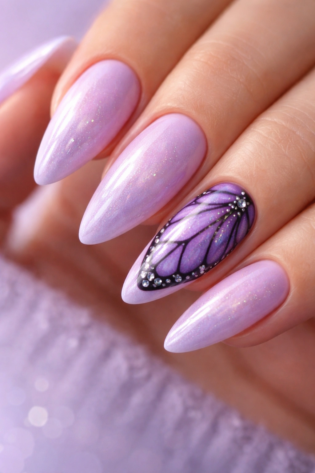 Almond nails with purple butterfly wing art on accent nails