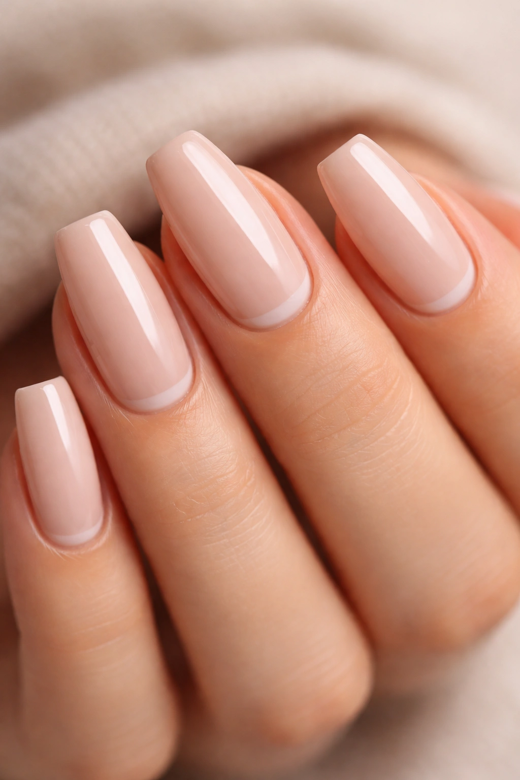 Putty nude coffin nails with a tiny crescent near the cuticle