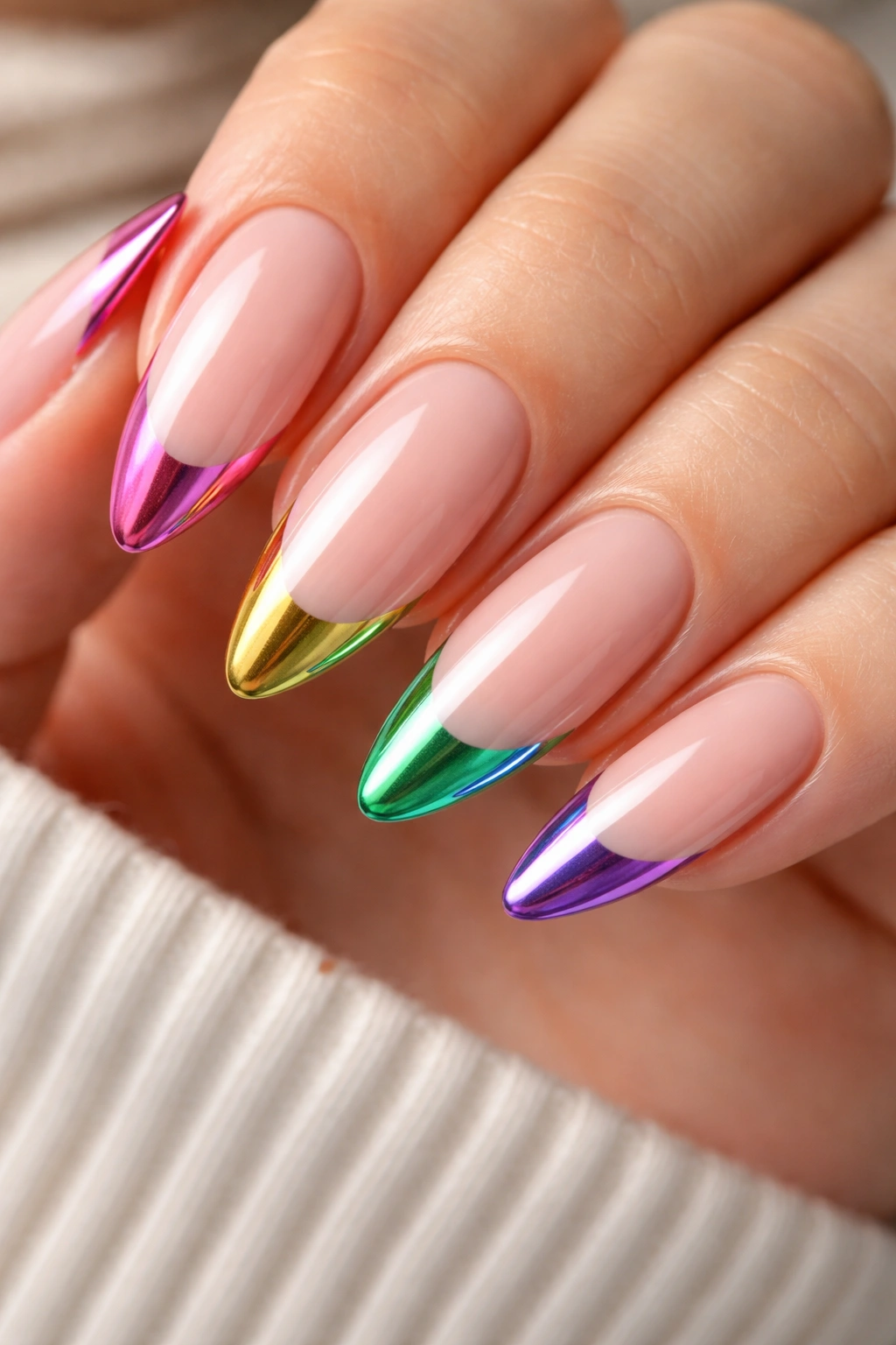 Almond nails with rainbow chrome tips on nude base