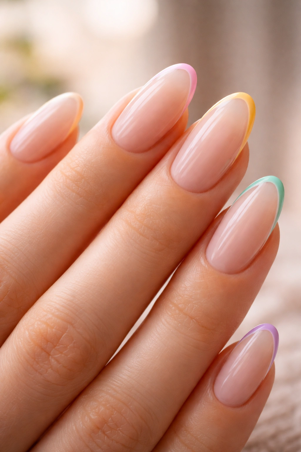 Close-up of almond nails with pastel fine-line rainbow tips.