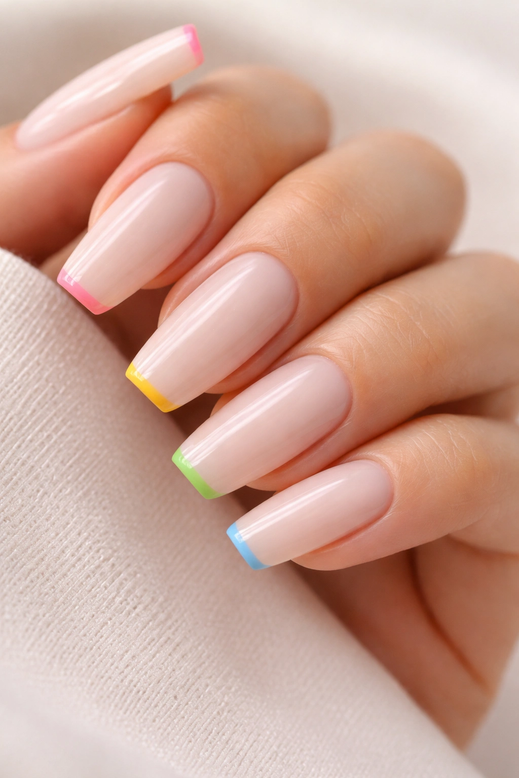Coffin nails with rainbow micro French tips on milky base