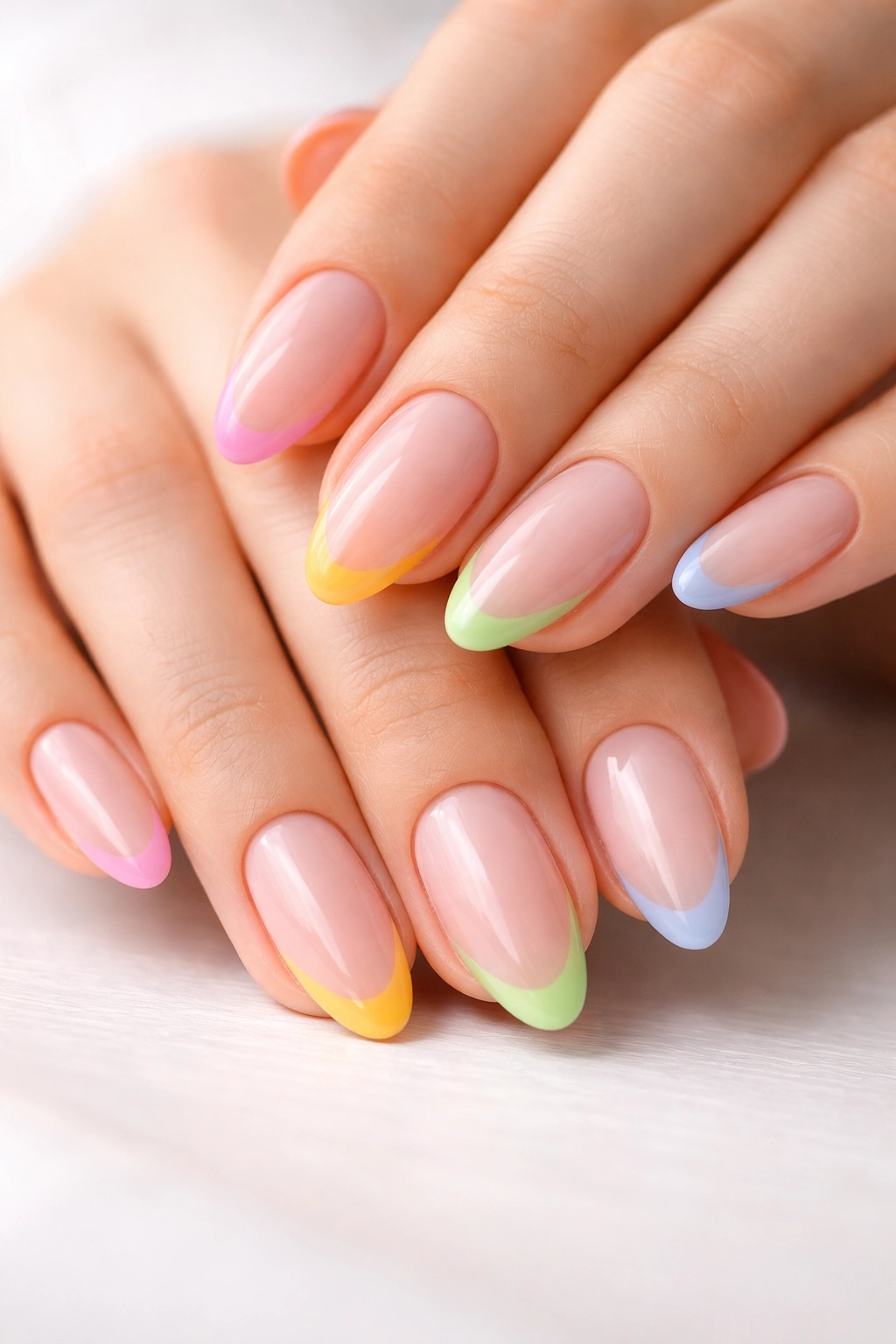 Almond nails with tiny colored tips forming a mini rainbow