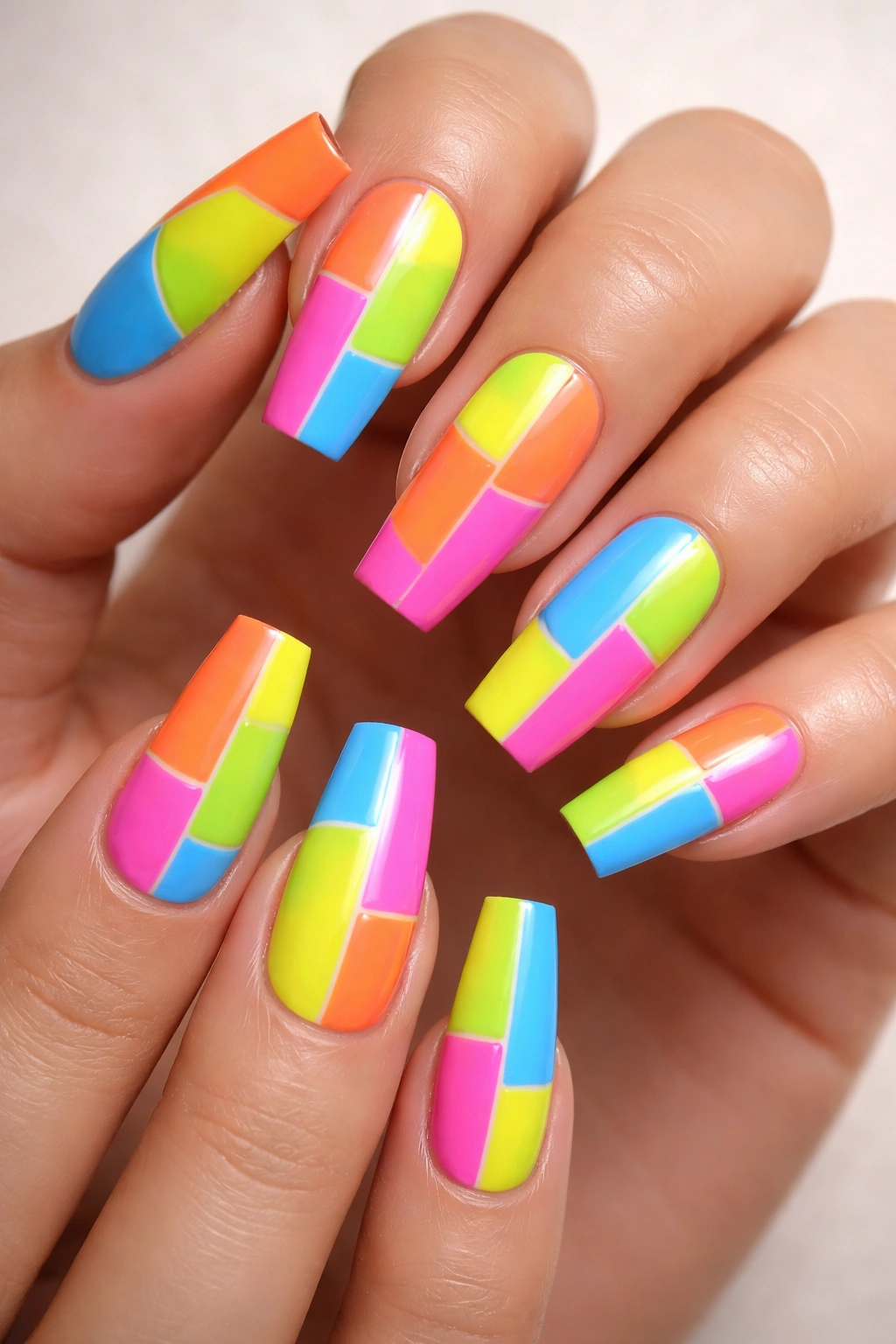 Close-up of rainbow neon color-block coffin nails
