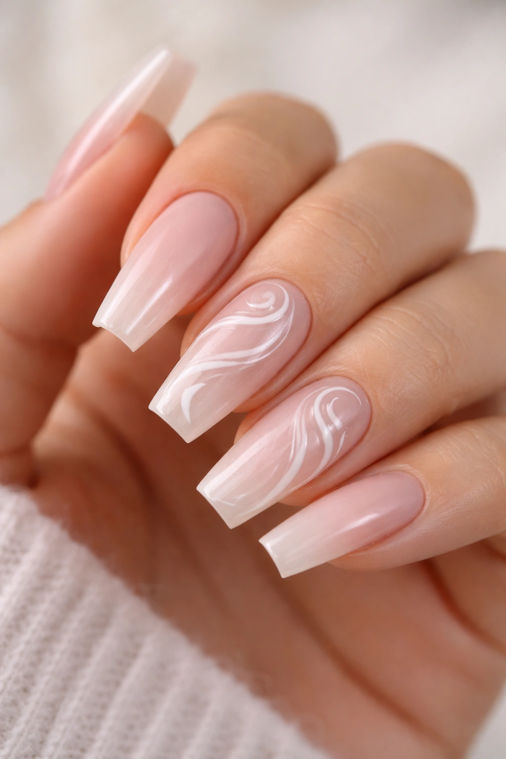 Close-up of bubble bath coffin nails with raised gel swirls on a soft pink base.