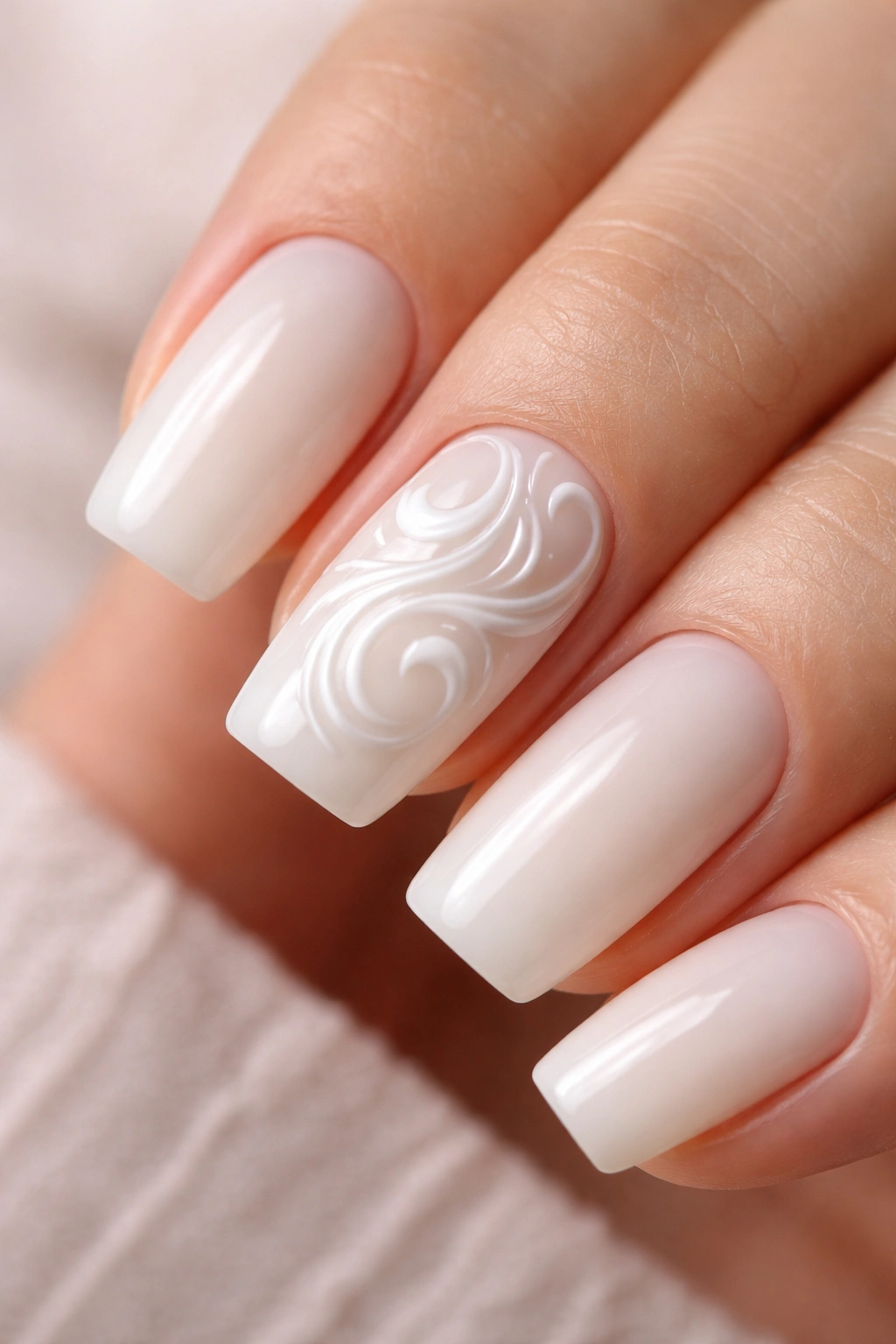 Raised white swirl design on a milky coffin nail