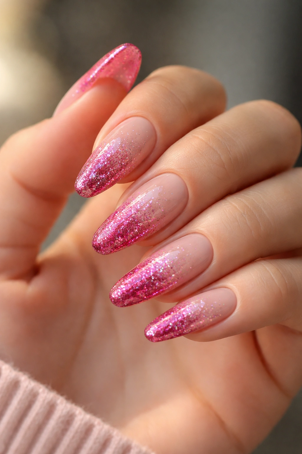 Ballerina nails with raspberry glitter gradient at tips