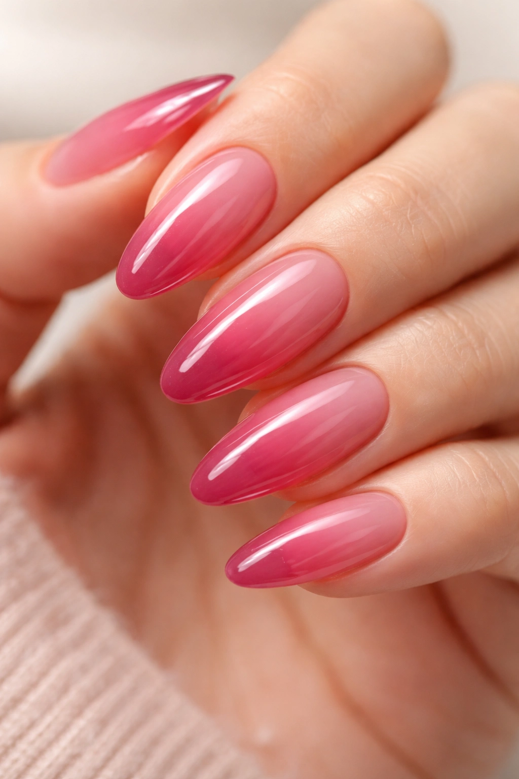 Almond nails with translucent raspberry jelly pink showing edge depth