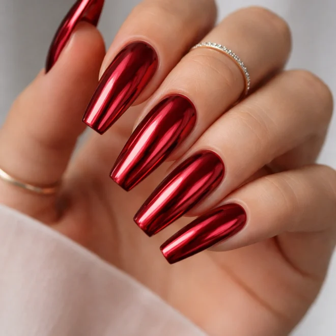 12 Red Chrome Coffin Nails for a Bold Look