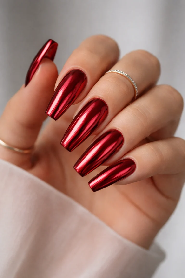 12 Red Chrome Coffin Nails for a Bold Look