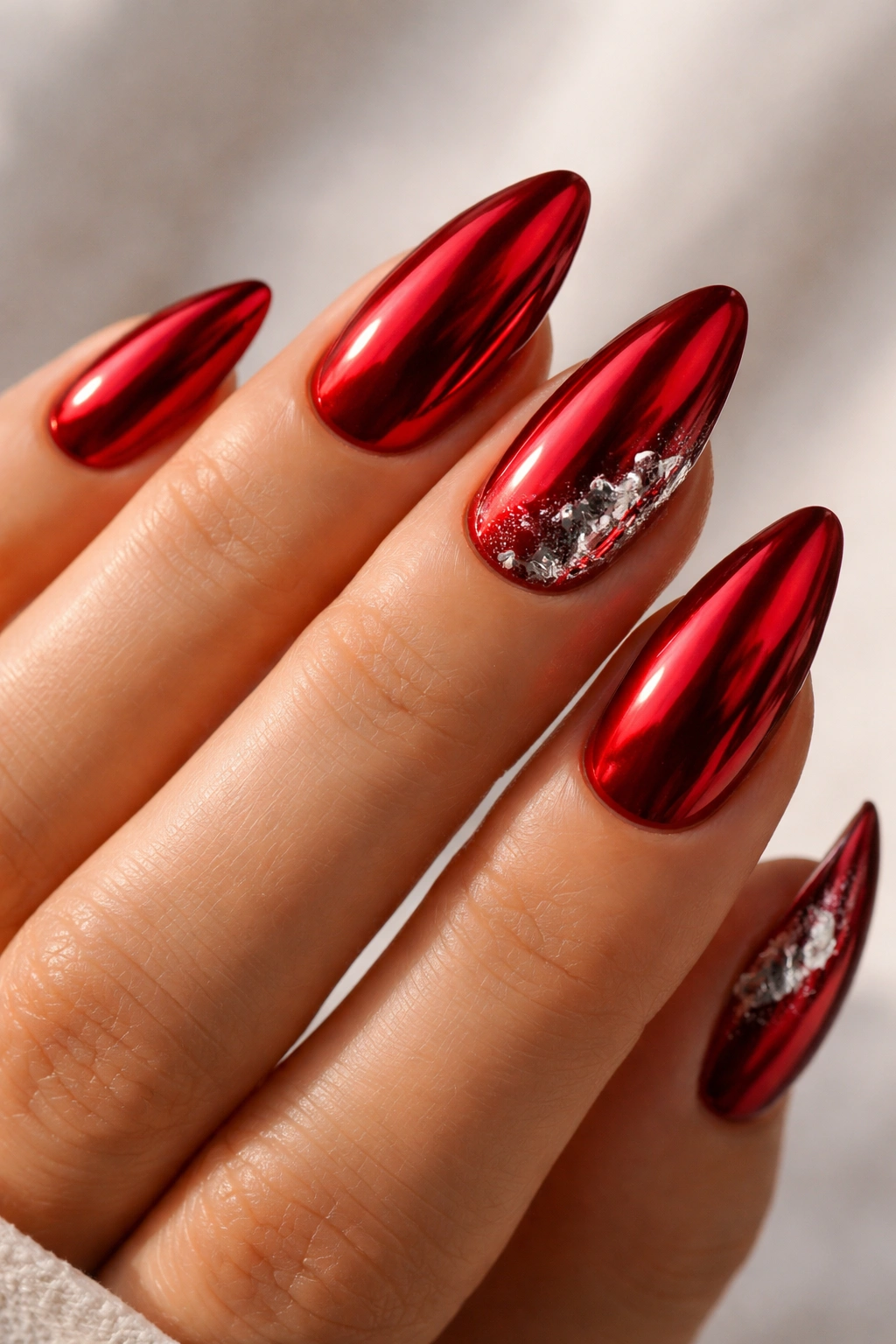 Almond nails with red chrome and silver foil shards.