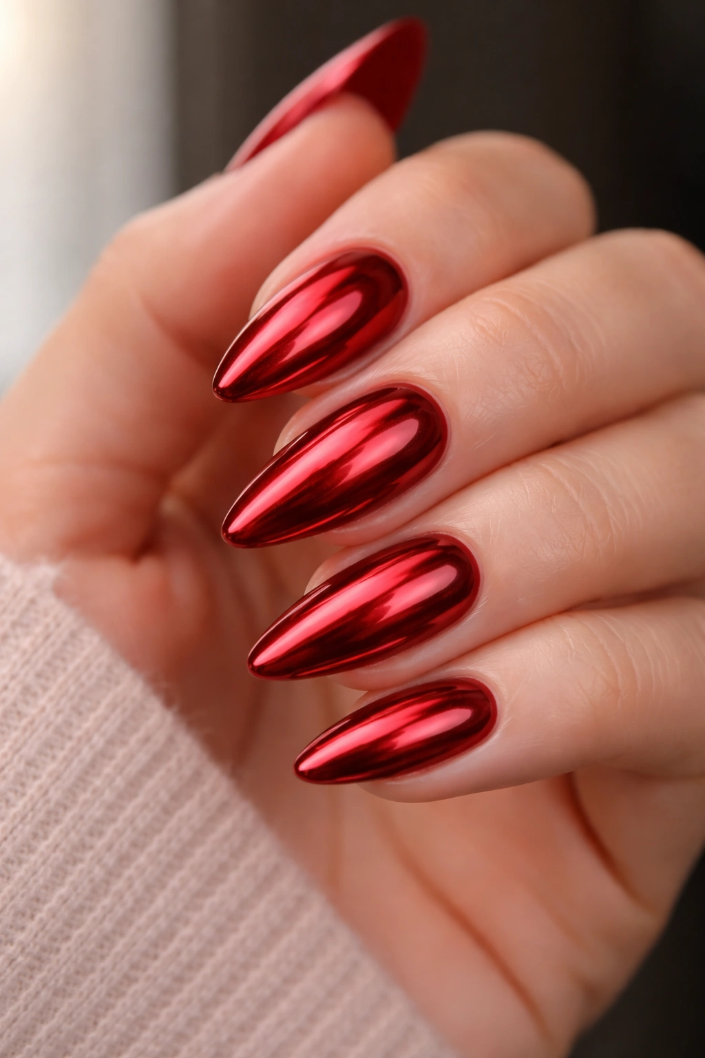 Almond nails in red chrome finish with crimson base.