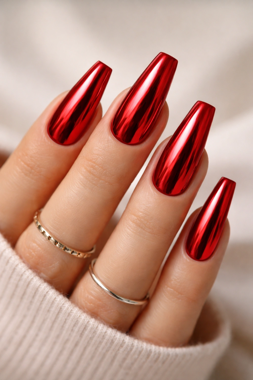 Close-up of classic coffin nails with red mirror chrome finish on a hand