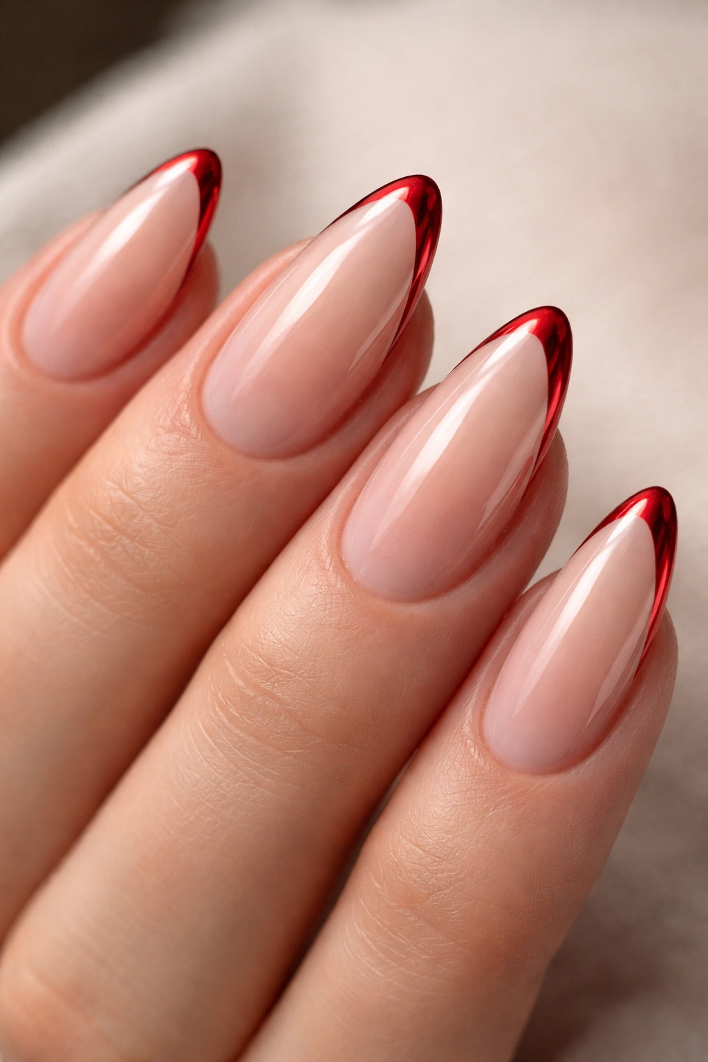 Almond nails with red chrome French tips on a nude base