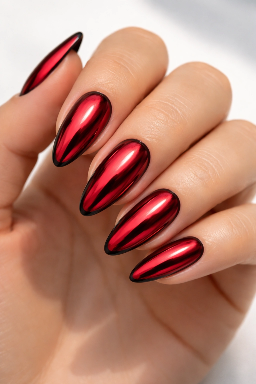 Close-up of almond nails with red chrome and slim black outline.