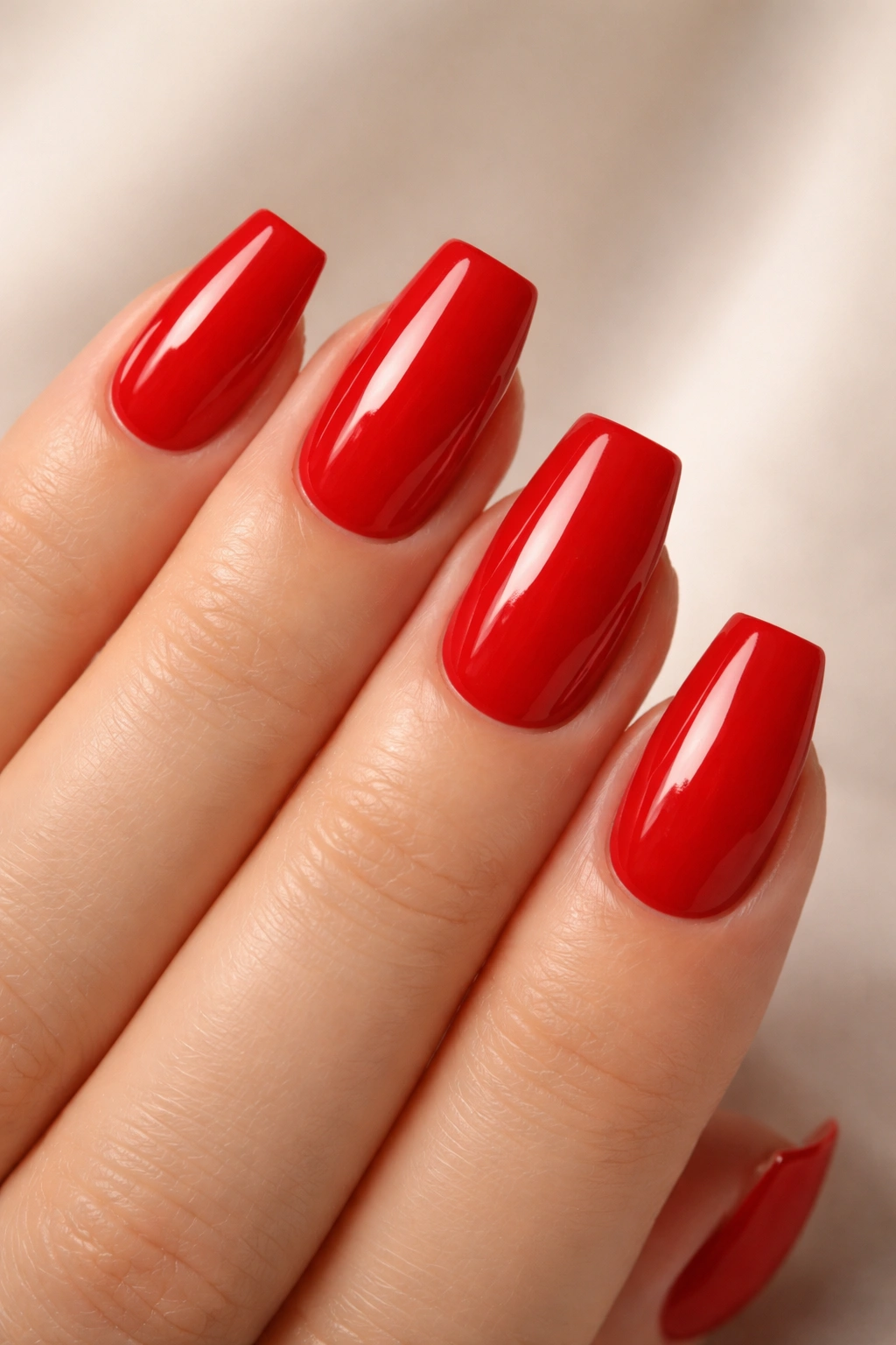 Close-up of classic red coffin nails in a short, crisp shape with a glossy finish.