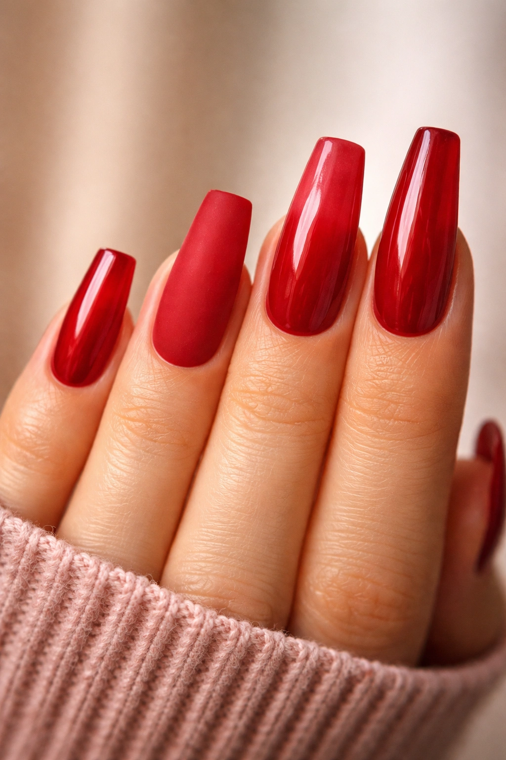 Red coffin nails on a hand showing varying lengths and finishes
